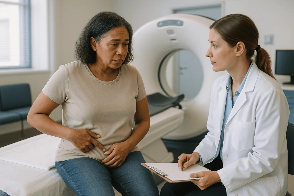 Doctor consulting patient about abdominal pain in clinic: Uncomplicated or complicated? How the scan grades severity