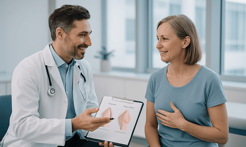 Doctor explaining breast implant options to a patient in a consultation room.