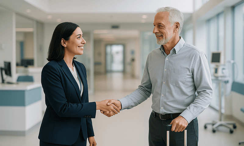 Healthcare professional greeting a patient at Acibadem Hospital in Turkey.