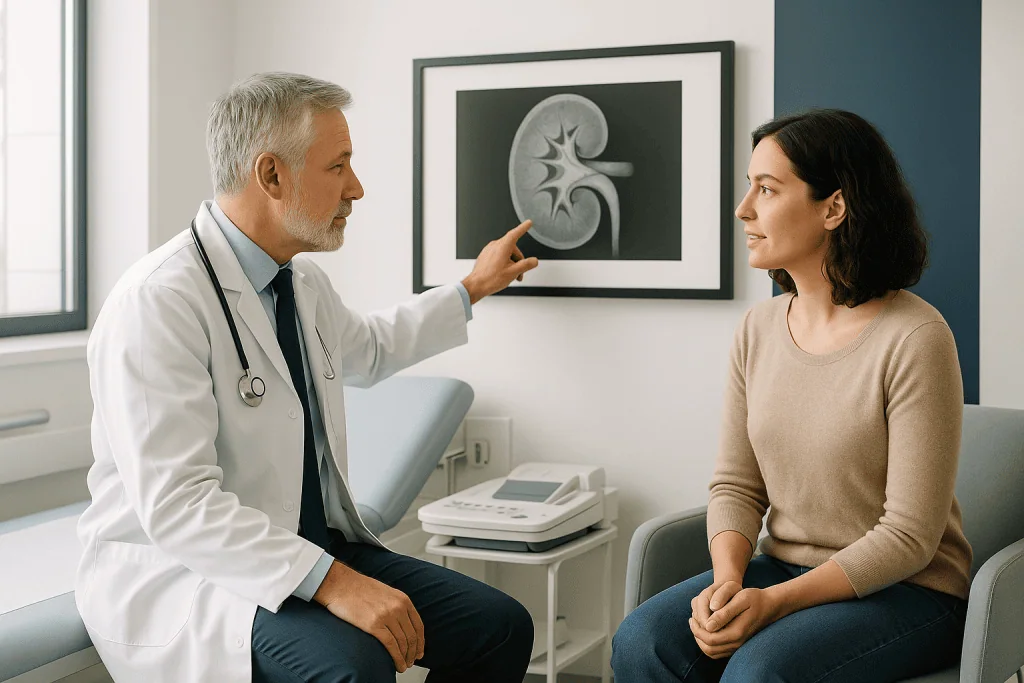Undescended Testicle 1 Urologist explaining kidney scan to female patient in clinic.