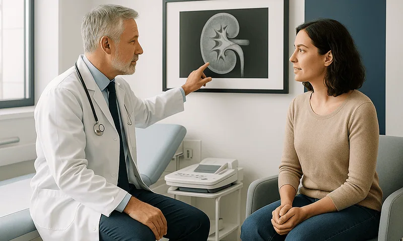 Urologist explaining kidney scan to female patient in clinic.