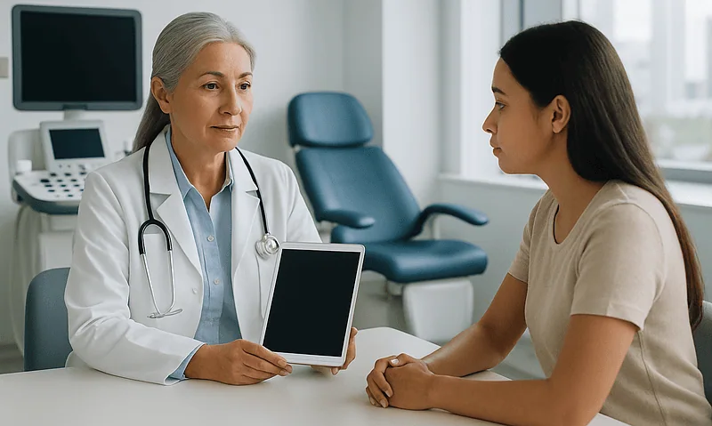 Doctor consulting with a young female patient in a medical office.
