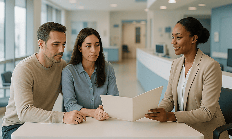 Patients consulting with a hospital staff member in a modern clinic.