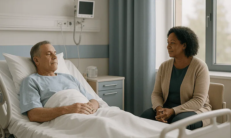 Patient resting in hospital bed with visitor in a hospital room.