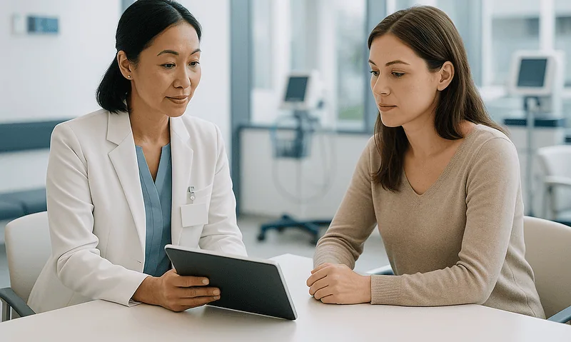 Doctor explaining test results to a patient in a modern clinic.