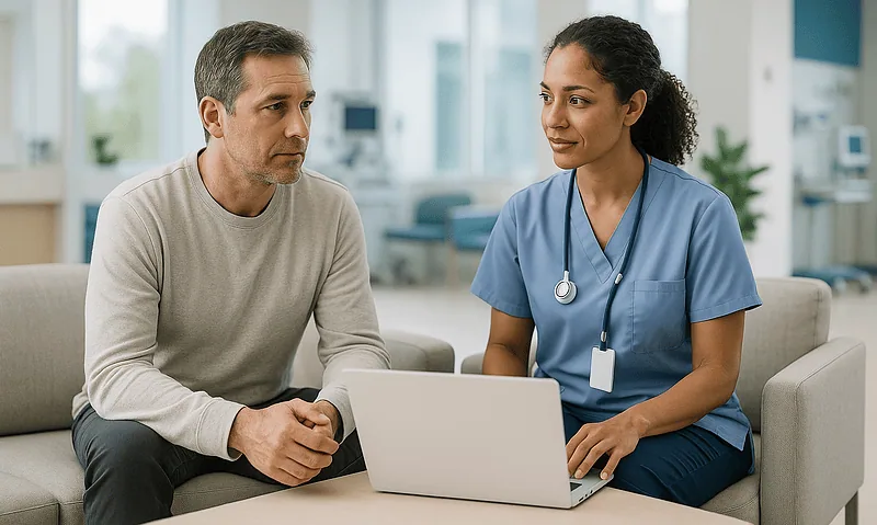 Patient consulting with a healthcare professional in a modern hospital setting.