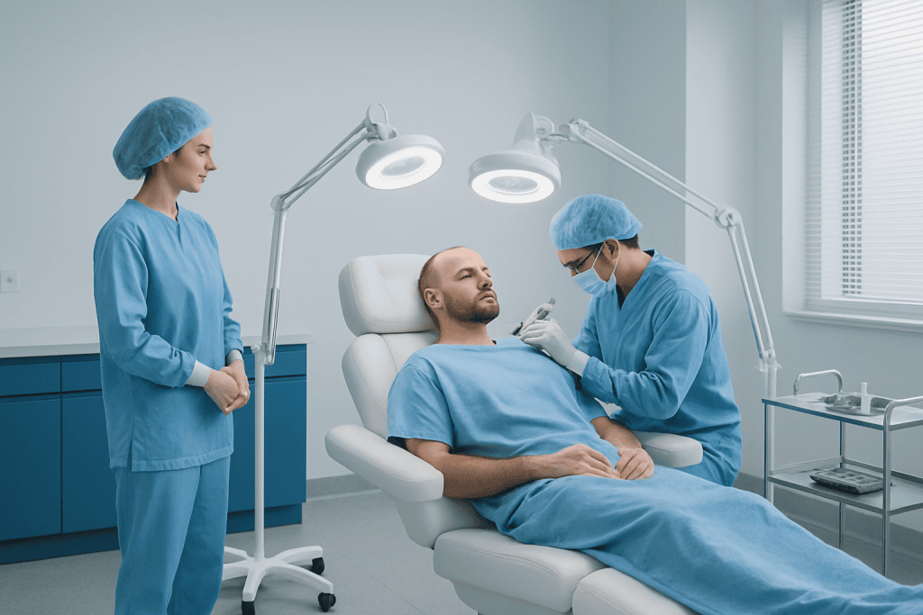 Unshaven (U-FUE) Hair Transplant 1 Doctor performing hair transplant on patient in clinical setting.