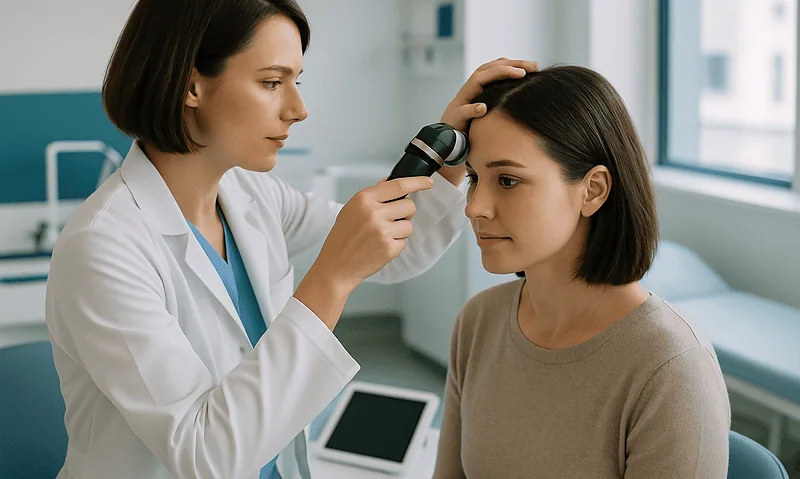 Doctor examining patient's scalp for hair transplant assessment at Acibadem Hospital.