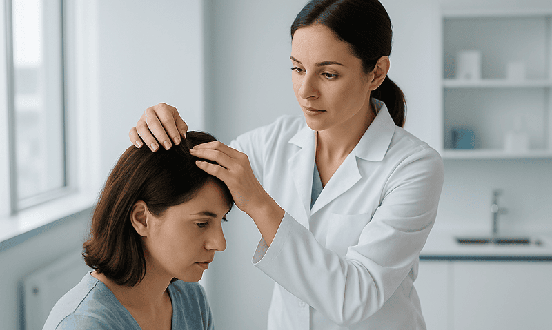 Doctor examining patient's scalp after hair transplant procedure.