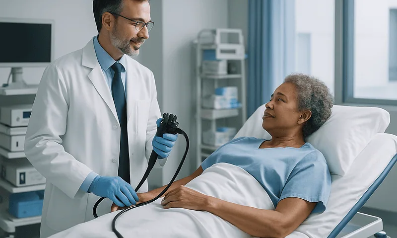 Doctor preparing for upper endoscopy with patient in hospital bed.