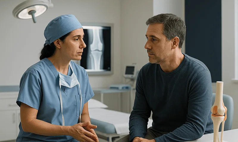 Doctor consulting with patient in hospital room for upper limb surgery.