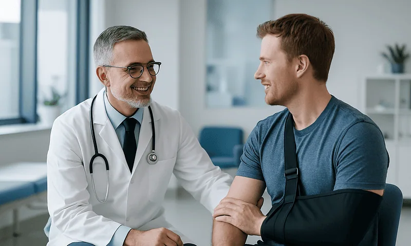 Doctor consulting with patient after upper limb surgery recovery.