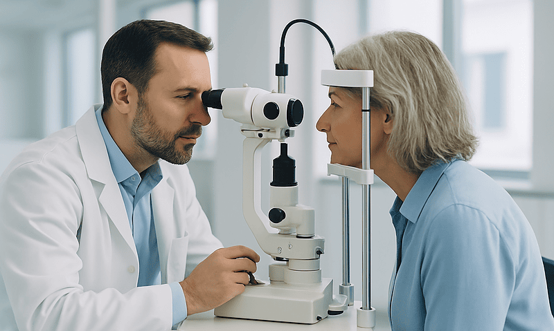 Ophthalmologist examining elderly woman's eyes with slit lamp.