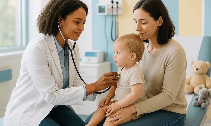 Pediatrician examining a young child's throat in a clinic setting.