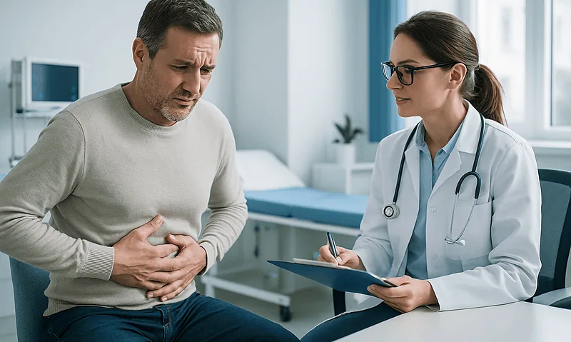 Doctor consulting with a patient experiencing upper stomach pain in a clinic.