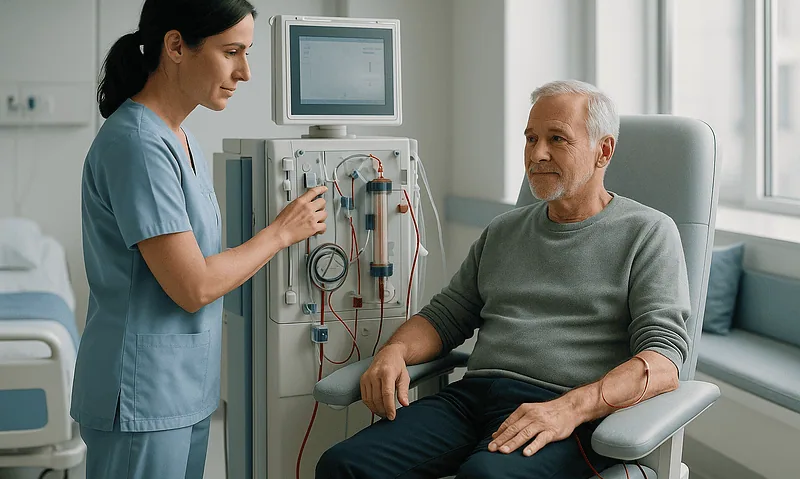 Doctor monitoring dialysis machine with patient in hospital room.