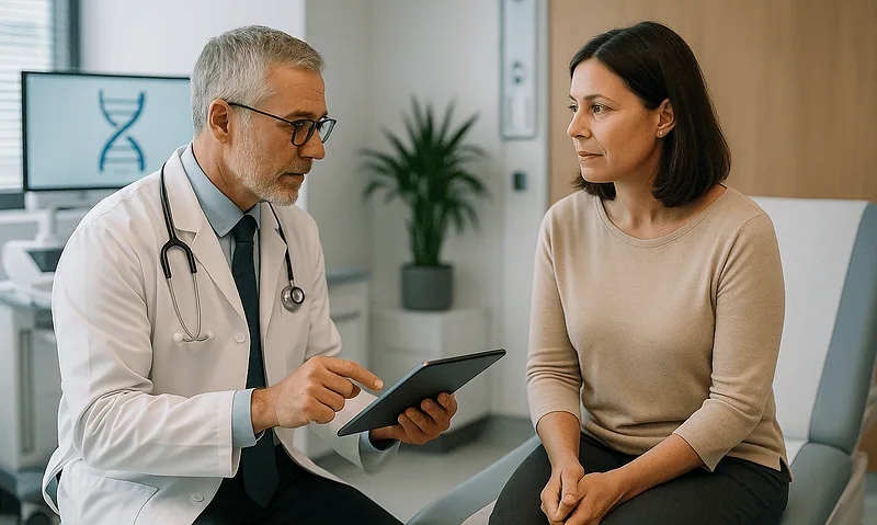 Doctor consulting with a female patient in a modern hospital setting.