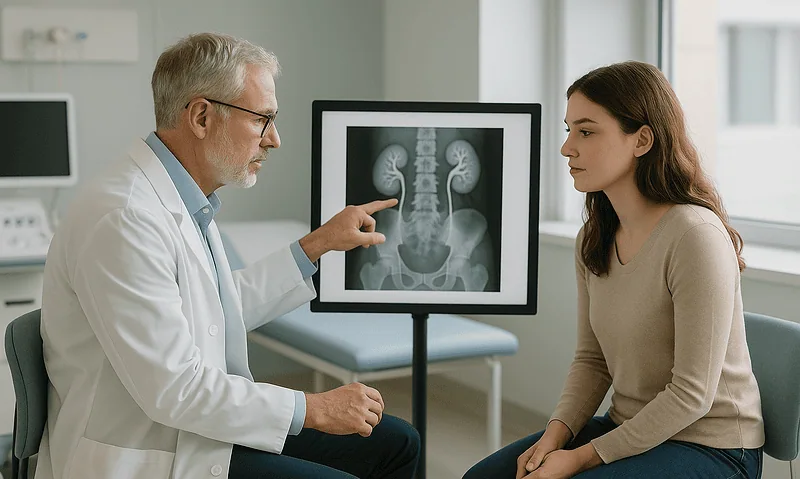 Urologist explaining ureter X-ray to young female patient in clinic.