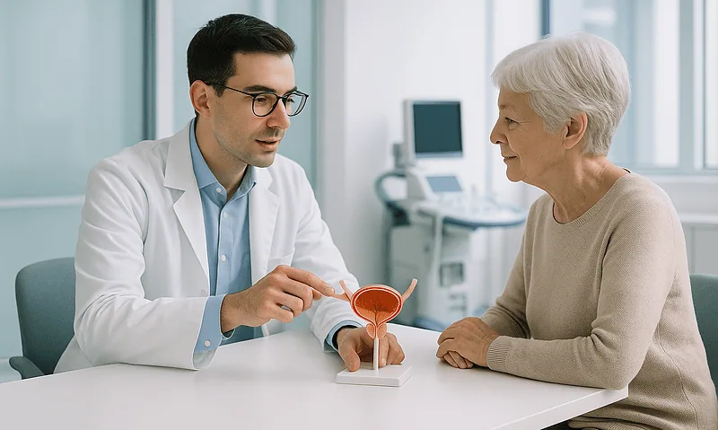 Urologist explaining ureter anatomy to elderly woman in clinic.