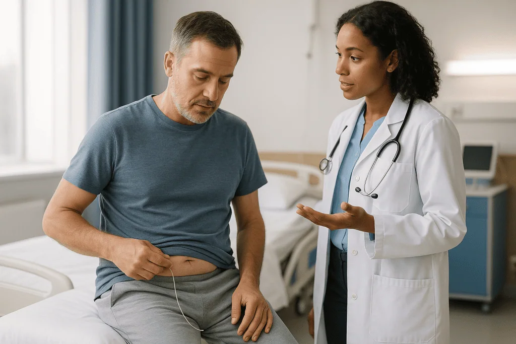 Doctor consulting with male patient about abdominal area: Ureteral stent after tumor surgery recovery: what the first week f