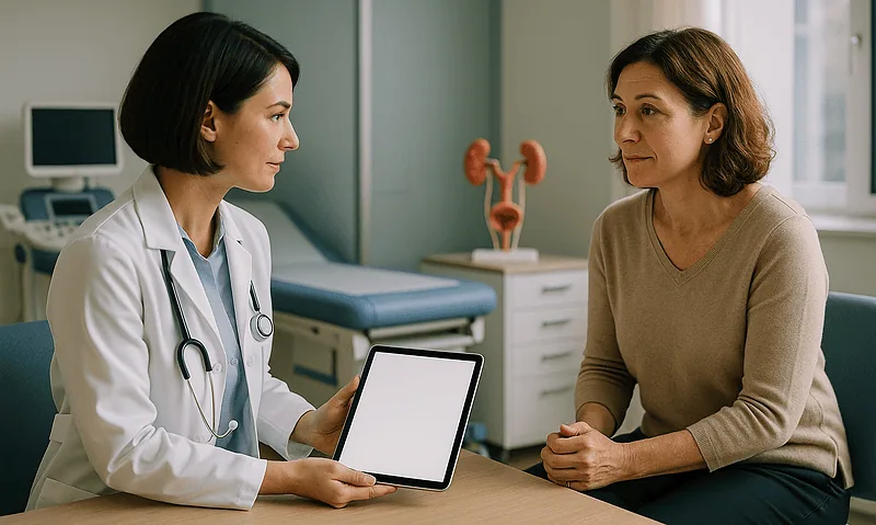 Urologist consulting with a patient about ureteral stones in a medical office.