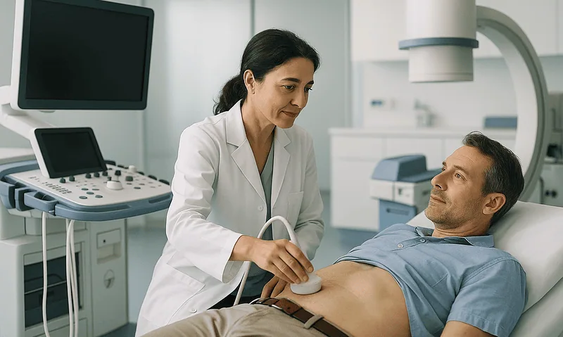 Urologist performs ultrasound examination on male patient in hospital.