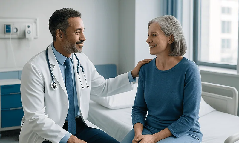 Doctor consulting with an elderly female patient in a hospital room.
