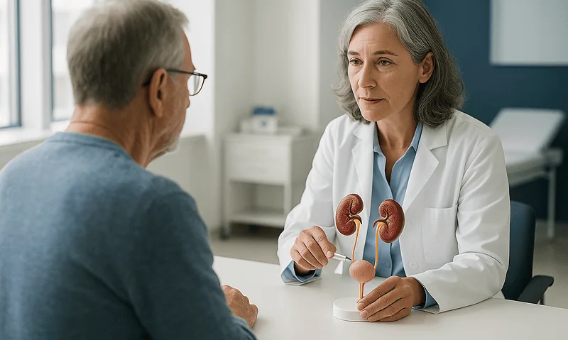 Urologist explaining kidney anatomy to patient in consultation room.