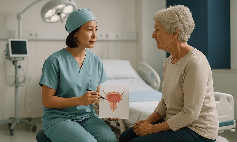 Urologist explaining bladder health to an elderly patient in hospital.