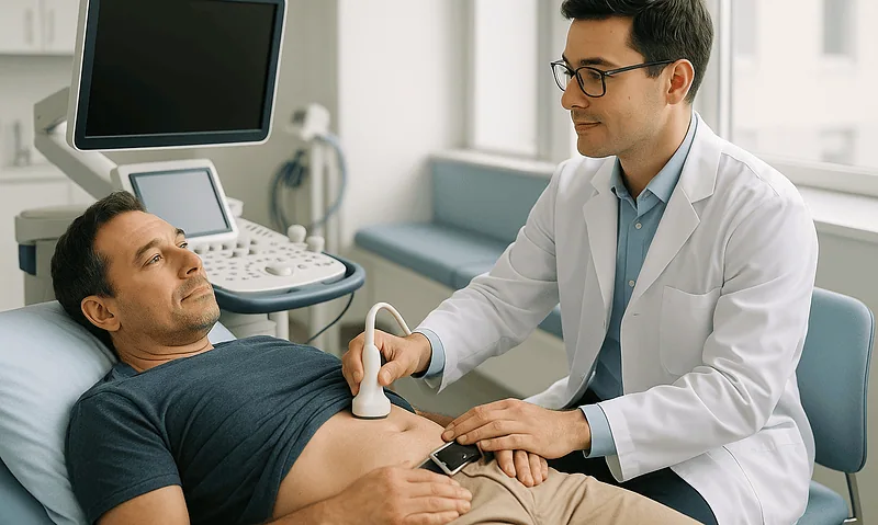 Urologist performs ultrasound examination on male patient in hospital.