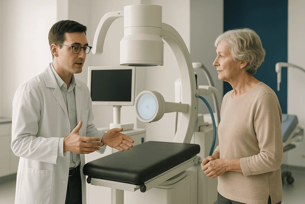 Ureteroscopy 1 Urologist explaining procedure to elderly woman in hospital room with medical equipment.