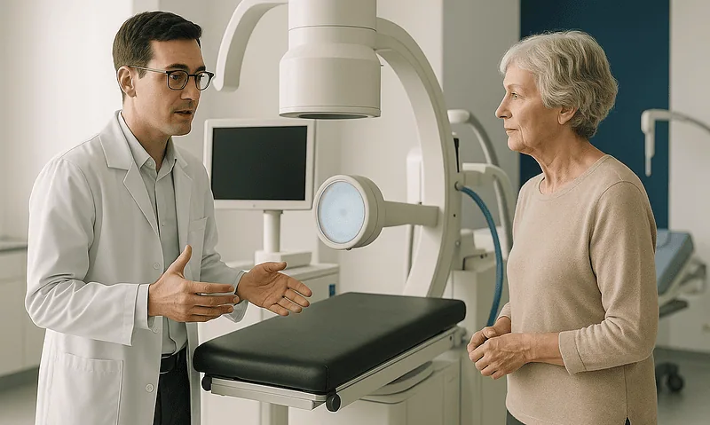 Urologist explaining procedure to elderly woman in hospital room with medical equipment.