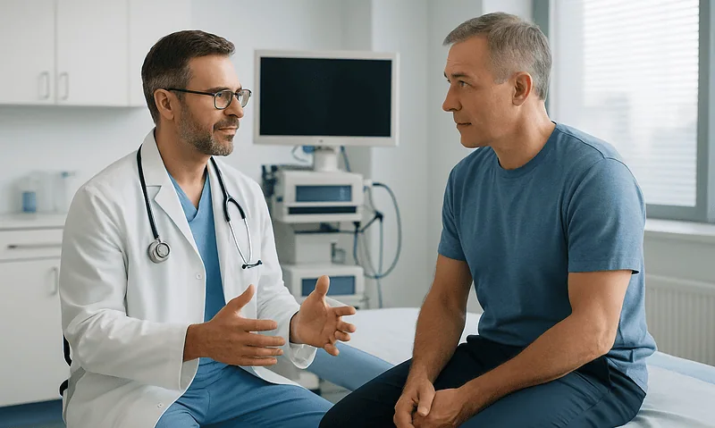 Doctor consulting with patient in a medical office setting.