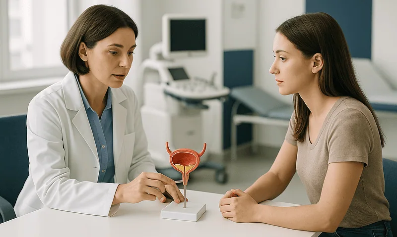Urologist explaining bladder model to a patient in a clinic setting.