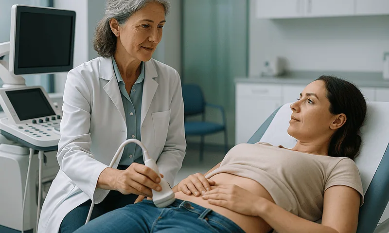 Urologist examining a patient in a hospital room for urethra health.