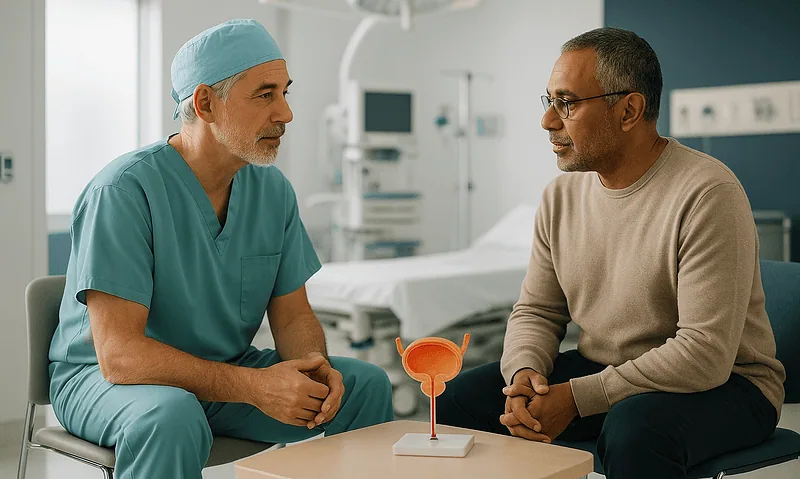 Urologist consulting with patient about urethral reconstruction procedure.