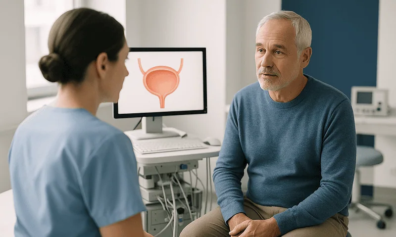 Urologist consulting with an elderly male patient in a medical office.