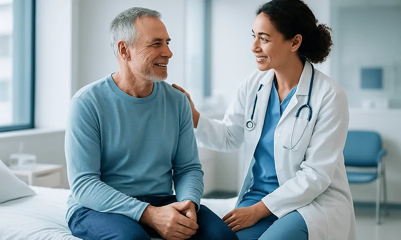Urologist consulting with a patient in a hospital room.