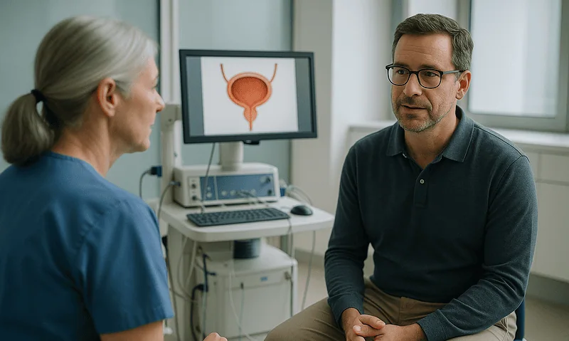 Urologist consulting with patient about urethral health and treatment options.