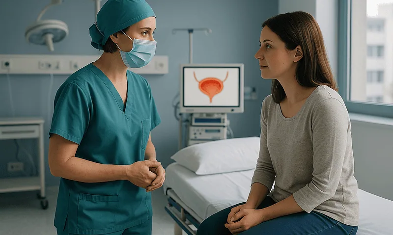 Urologist consulting with a patient in a hospital room with medical equipment.