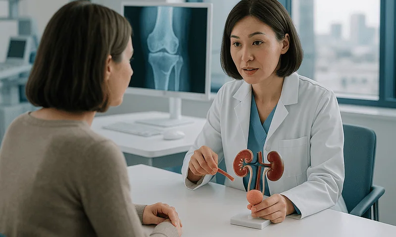 Urologist explaining urethral trauma to patient with medical model.