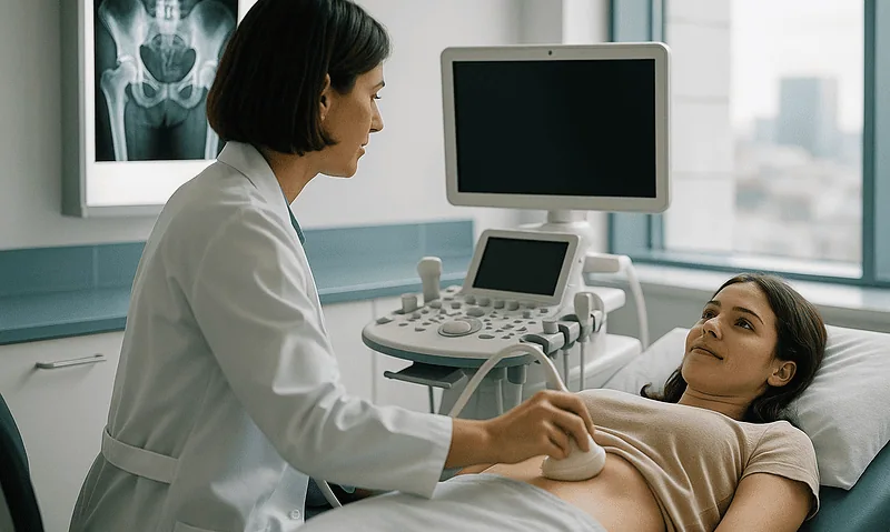 Urologist performing ultrasound examination on a female patient in hospital.