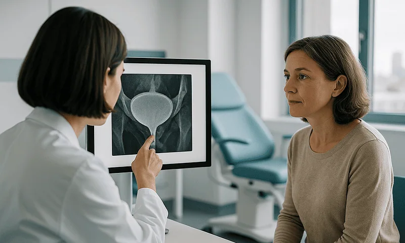 Urologist explaining bladder scan results to a patient in a clinic setting.