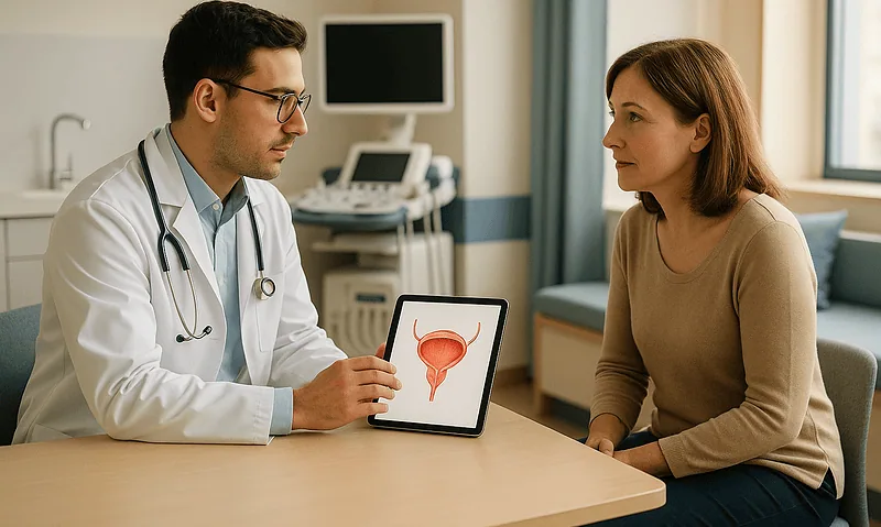 Urologist explaining bladder health to a female patient in a clinic setting.