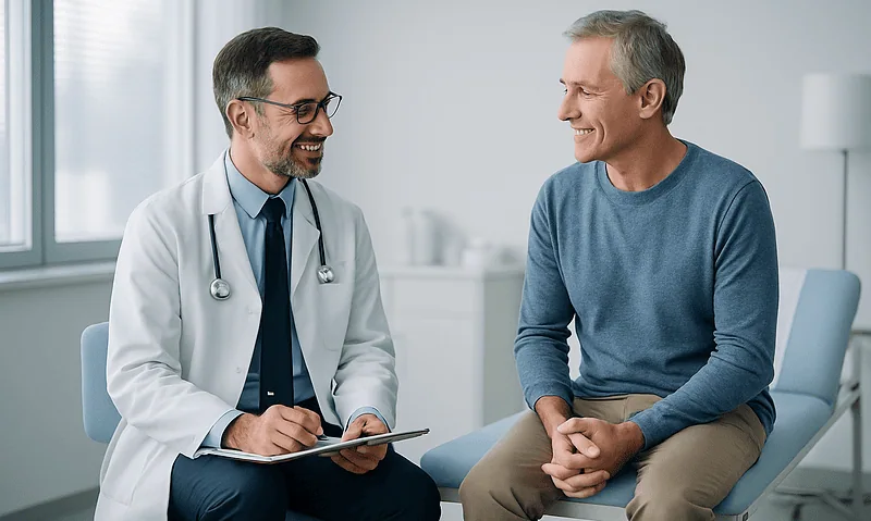 Urethroplasty recovery consultation with doctor and patient at hospital.