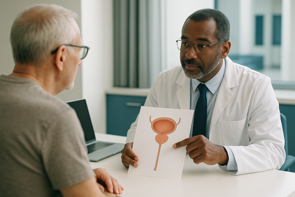 Male physician discussing urological anatomy diagram with elderly patient: Urethrotomy vs urethroplasty: the three repairs i