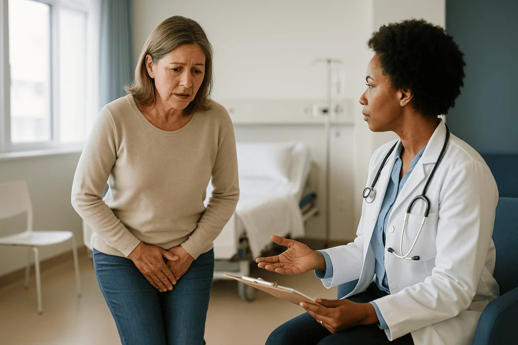 Doctor consulting with middle-aged female patient in clinical setting — Urge incontinence: when the bladder fires early