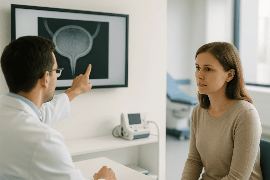 Urinary Incontinence 1 Urologist explaining bladder scan results to a patient in a clinic.