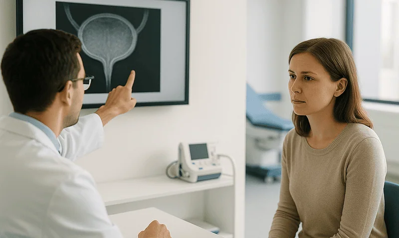 Urologist explaining bladder scan results to a patient in a clinic.