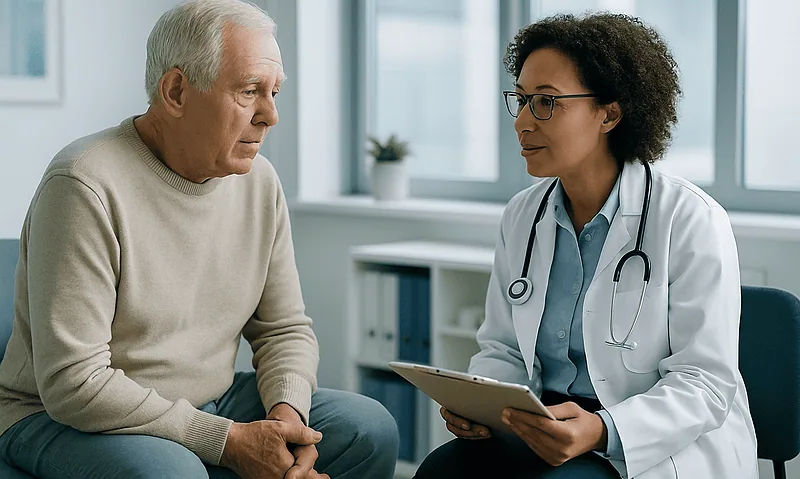 Doctor consulting with elderly patient about urinary health in a clinic.